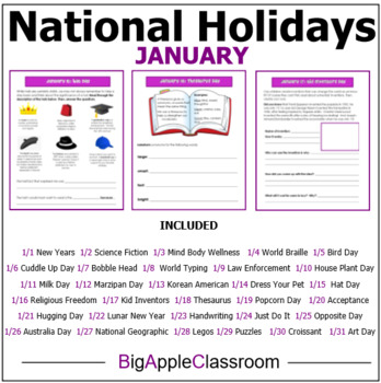 Preview of Morning Work / Warm Up : JANUARY NATIONAL HOLIDAYS (NO PREP)