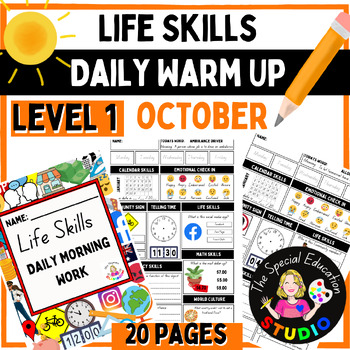 Preview of Morning Work Warm Ups Adapted binder Daily Life Skills, Special Education Oct L1