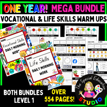Preview of Morning Work Yearly Bundle Special Education Life Skills & Vocational Warm Up L1