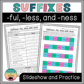 Preview of Morphology Slideshow and Practice Sheets (Suffixes: -ful, -less, and -ness)