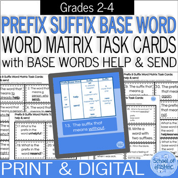 Preview of Morphology Prefix & Suffix Word Matrix Digital & Paper Task Cards: HELP & SEND
