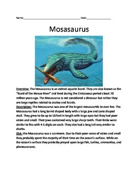 Preview of Mosasaurus - Ocean Reptile Review informational article questions vocab dinosaur