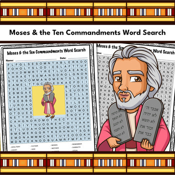 Preview of Moses and the Ten Commandments Word Search Bible Puzzle Activity Worksheet