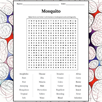 Mosquito Word Search Puzzle Worksheet Activity by Word Search Corner