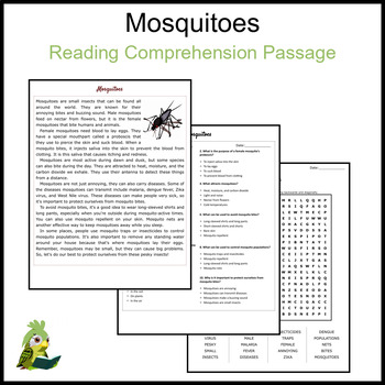 Mosquitoes Reading Comprehension and Word Search by Kakapo Reading Passages