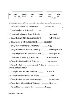 most common past tense verbs closed procedure worksheet by ptc enterprises