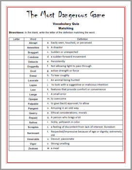 vocabulary homework the most dangerous game