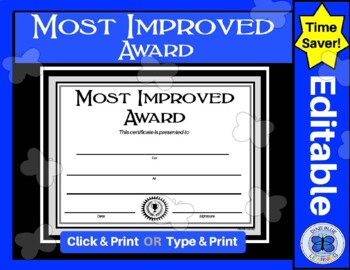 Preview of Most Improved Award Certificate - Elementary, Middle, High School - Editable