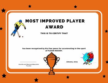 Preview of Most Improved Player Certificate - Floor Hockey Physical Education