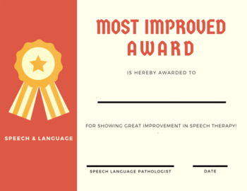 Preview of Most Improved - Speech Certificate