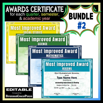 Preview of Most Improved in Reading, Math, Science, & Social Studies Certificates - EOSY