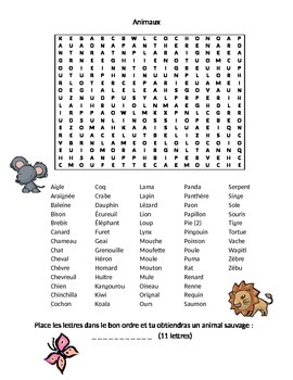 Mot caché sur les animaux (animal wordsearch in french) by Julie Lord