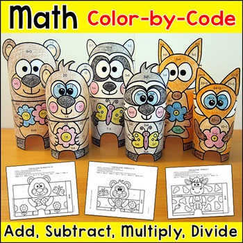 Preview of Mother Animals & Babies Color by Number Spring Math Craft Activity - Craftivity