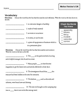 Mother Fletcher's Gift Vocabulary Worksheet (with answer key) | TPT