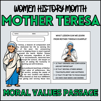 Preview of Mother Teresa moral value Reading Comprehension Passage |  women history month|