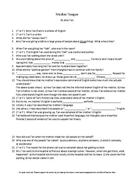 Preview of Mother Tongue by Amy Tan Complete Guided Reading Worksheet WordSearch Crosswords