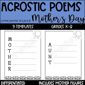 Preview of Mother's Day Acrostic Poem Templates  for all mother figures Differentiated