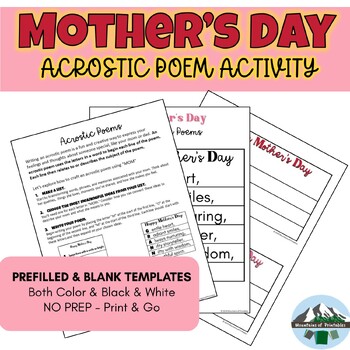 Preview of Mothers Day Acrostic Poem Activity, 3rd-6th grade, Creative Writing Printable