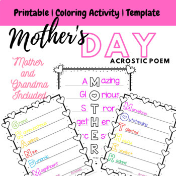 Preview of Mother's Day Acrostic Poem Template / Coloring Sheet - DISTANCE LEARNING