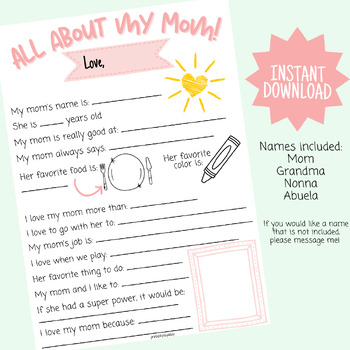 Preview of Mother's Day All About My Mom Survey, Mother's Day Printable, Grandma Mother's D