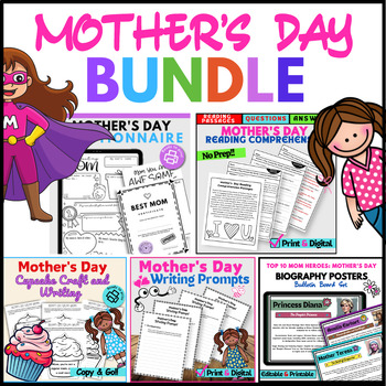 Preview of Mother's Day BUNDLE: Reading, Craft, Writing Prompts, Biography, Questionnaire.