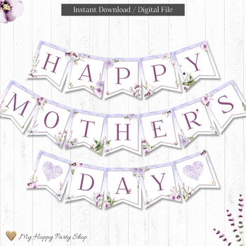 Preview of Mother's Day Banner, Happy Mother's Day Banner, Lavender Roses Banner, PRINTABLE