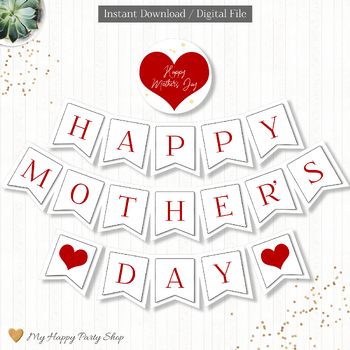 Preview of Mother's Day Banner, Happy Mother's Day Banner, Red Heart Banner, PRINTABLE