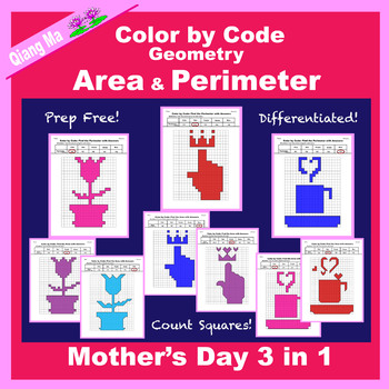 Preview of Mother's Day Color by Code: Area and Perimeter 3 in 1: Count Squares