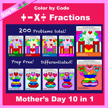 Preview of Mother's Day Color by Code Fractions: Add, Subtract, Multiply, Divide 10 in 1
