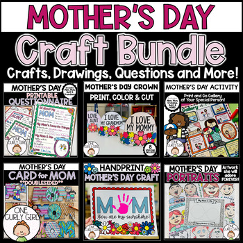 Preview of Mother's Day Craft Bundle | Questionnaire Portrait Drawing, Handprint, Writing