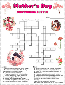 Preview of Mother’s Day Crossword Puzzle Activity Worksheet Game Color & B/W⭐No Prep⭐