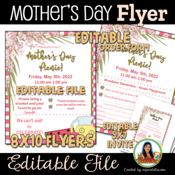 Preview of Mother's Day Event Flyer and Invitation - Editable Picnic PTA, PTO, Fundraiser