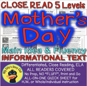 Preview of Mother's Day Informational Text LEVELED Passages Main Idea Fluency Check