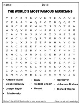 Mother's Day MUSIC Sheet: color by note word search | TPT