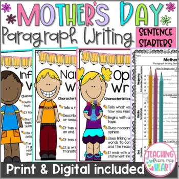 Preview of Mother's Day Paragraph Writing Sentence Starters and Craft Activities