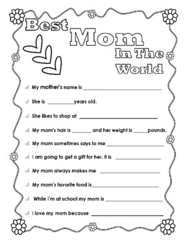 Mother's Day Printable - Best Mom in the World | Questionnaire | TPT