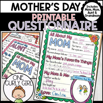 Preview of Mother's Day Printable Questionnaire All About My Mom