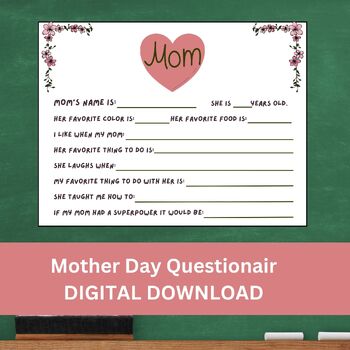 Preview of Mother's Day Questionnaire Gift, Preschool Kindergarten Elementary Mother's Day