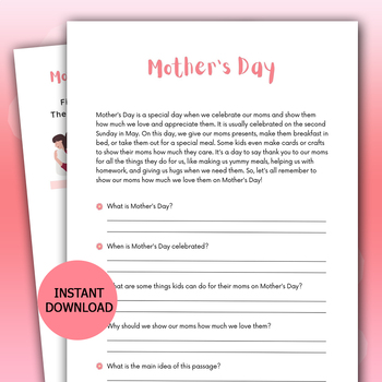 Preview of Mother’s Day Reading Comprehension Activity