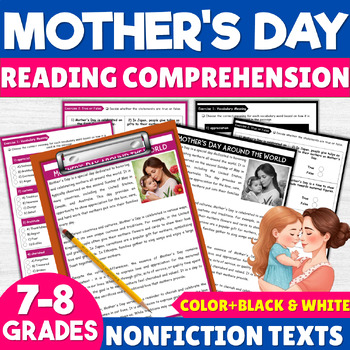 Preview of Mother's Day Reading Comprehension Worksheets May Activities 7th 8th Grades