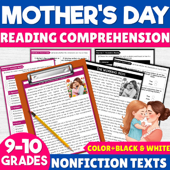 Preview of Mother's Day Reading Comprehension Worksheets May Activities 9th 10th Grades