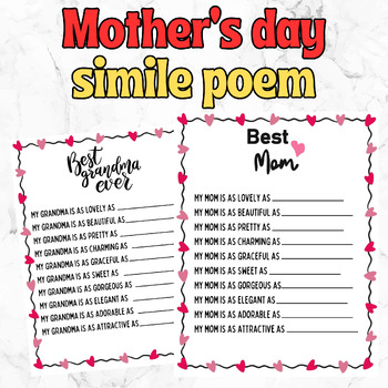 Preview of Mother's Day Simile Poem: A Heartfelt Gift for Mom & Grandma (PreK-4th Grade)