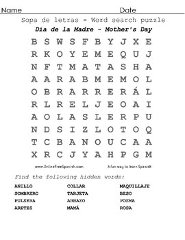 Preview of Mother's Day! Sopa de Letras - Word Search Puzzle