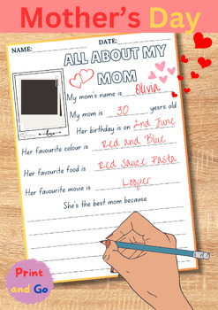 Preview of Mother's Day Writing Activity : All About My Mom, Mother's Day Questionaire