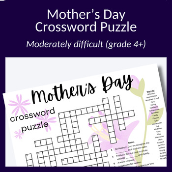 Preview of Mother's Day crossword puzzle for parties or to build vocabulary. Grade 4+