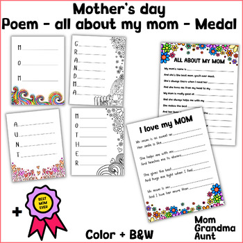 Preview of Mother's day Acrostic poem - all about my mom - poem - Medal craft