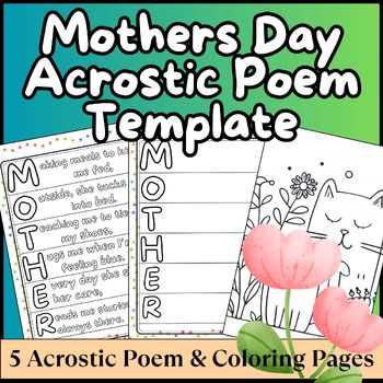 Preview of Mothers Day Acrostic Poem Template, Coloring Pages, and Lesson Plan