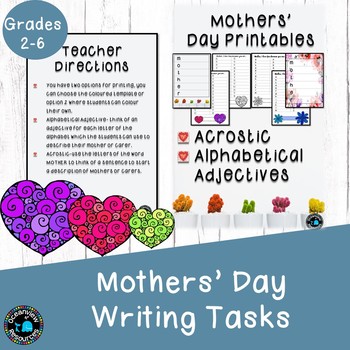 Preview of Mothers Day Acrostic or Alphabet Adjective Writing sheets