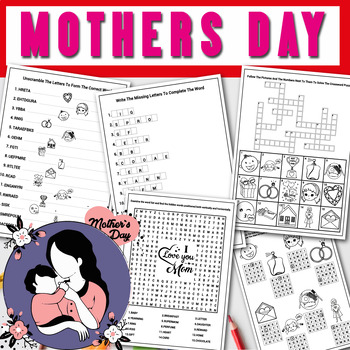 Preview of Mothers Day Activities, Word Search, Scramble, Crossword, Vocabulary Worksheets