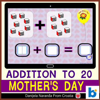 Preview of Mothers Day Addition To 20 Place Value Base Ten Blocks MATH Boom ™ Cards